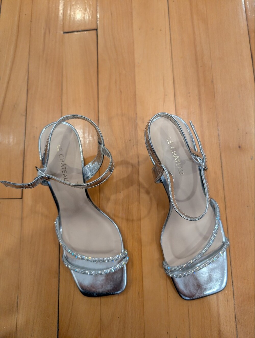 Le Château Silver Rhinestone Strappy Evening Heels - Size 6